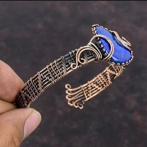 Lapis Lazuli ✦ Wire-Wrapped Bracelet ✦ Copper Pear Stone Adjustable Fit Handmade - Picture 4 of 15